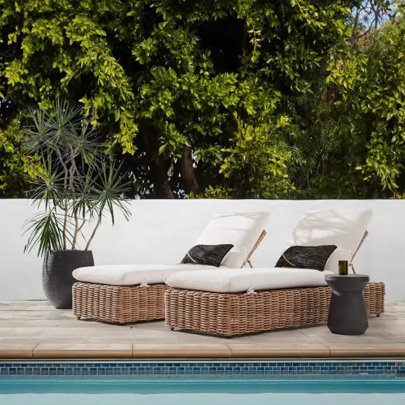 

Beach Poolside Adjustable Back Rattan Sun Lounger Bed Portable Outdoor Furniture Aluminum Frame Leisure Sun Recliner
