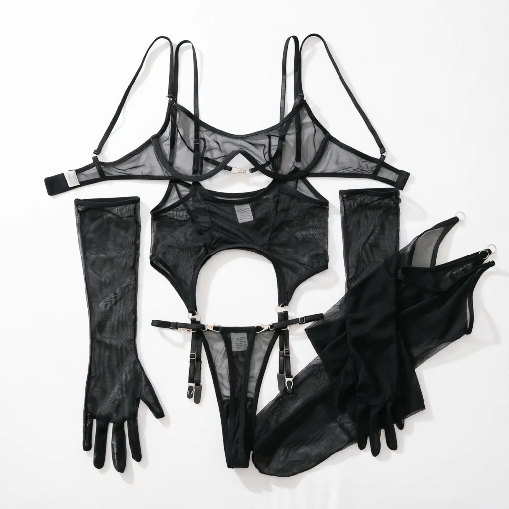 Sexy Women's Lingerie Sets Seductive See Through Bra Belt Thong 3PCS with Glovs Stockings Sexy intimate lingerie