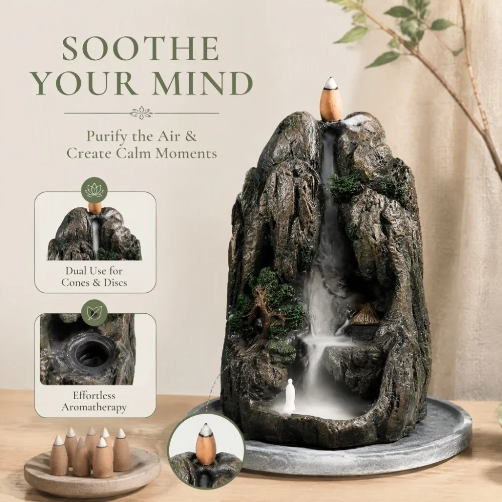 Resin Backflow Incense Burner Mountain Tower 10 Incense Cones Included Incense Burner Holder 6.30x3.15x9.06in Sandalwood Furnace