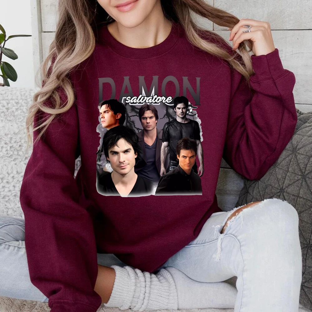 Damon Salvatore Sweatshirt 90s Retro Vampire Diares Hoodie Vintage Bootleg Style T-Shirt Salvatore Brothers Crewneck Sweatshirts