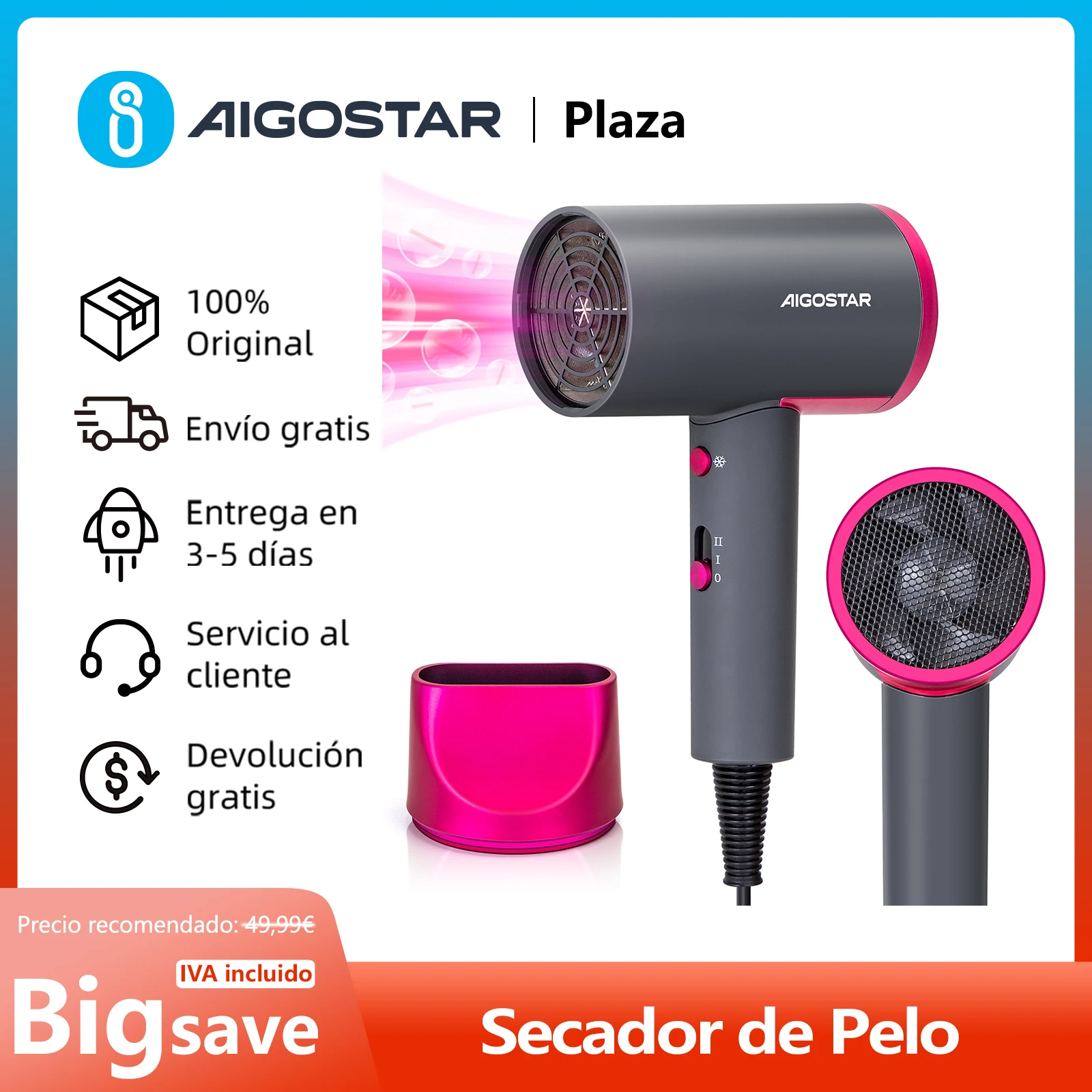 Secador de Pelo Ionico, Ligero y Compacto, 2 Velocidades, 3 Temperaturas, Botón Frío, Boquilla Concentrador, 2200W