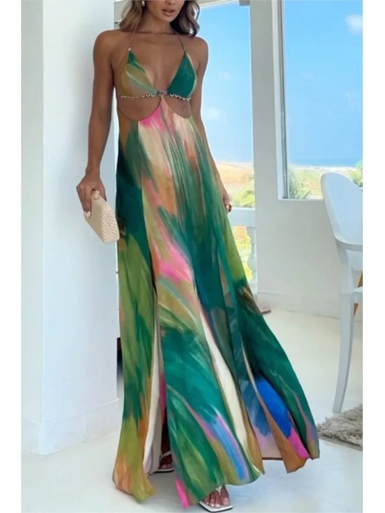 

Sexy Deep V-neck Hollow Bohemian Dress 2025 Fashion Sleeveless Backless Loose Party Vacation Women Pattern Print Long Dresses
