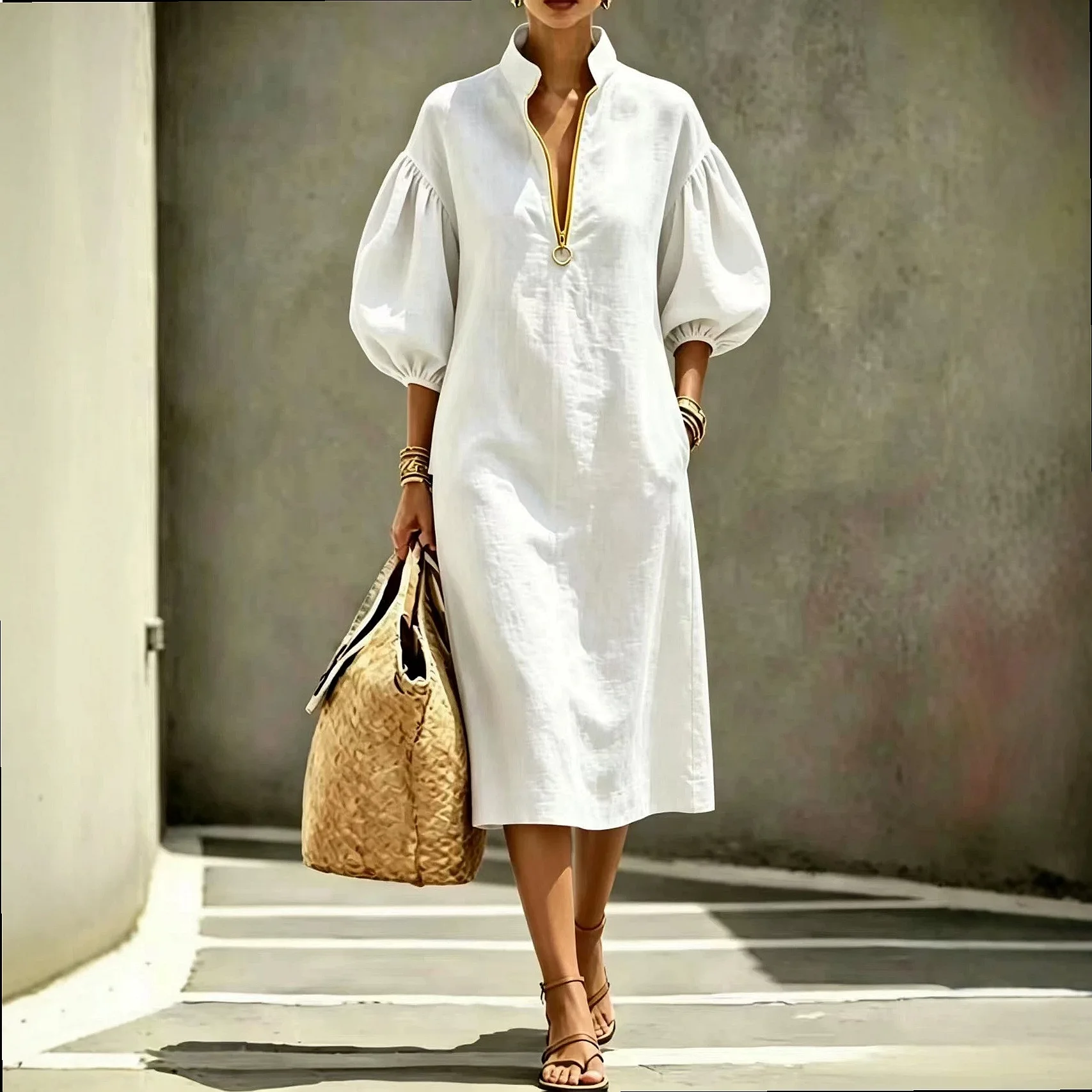 Summer Loose Bubble Sleeve Dress, Women Casual Half Zip Dresses with Stand Collar