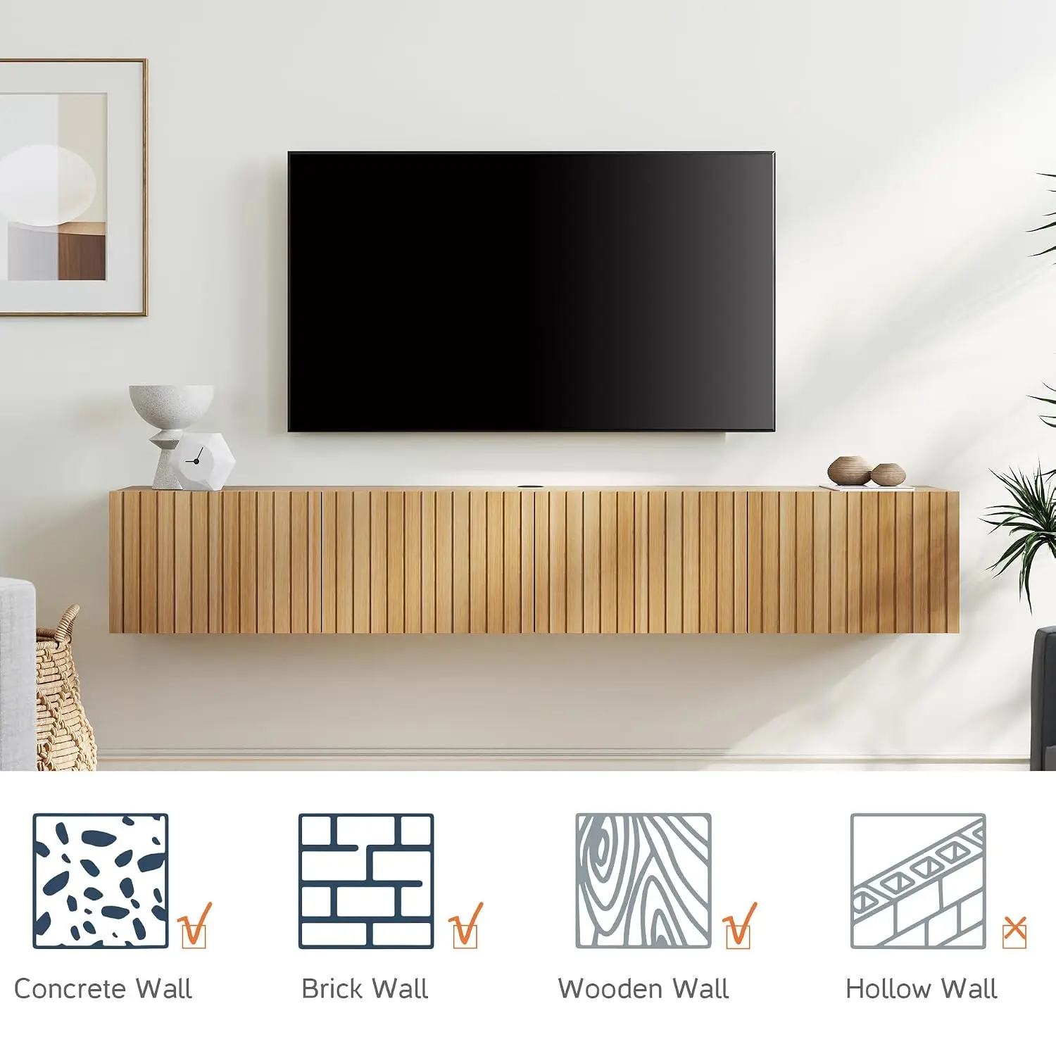 Modern Fluted Floating TV Stand Oak 70 Inch Wall Mounted Media Console Storage Cabinet for Living Room Bedroom, Customized