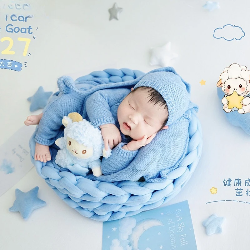 Newborn Photography Props Cute Blue Theme with Handmade Knitted Outfit Posing Basket Sheep Doll Decor for Baby Studio Photoshoot