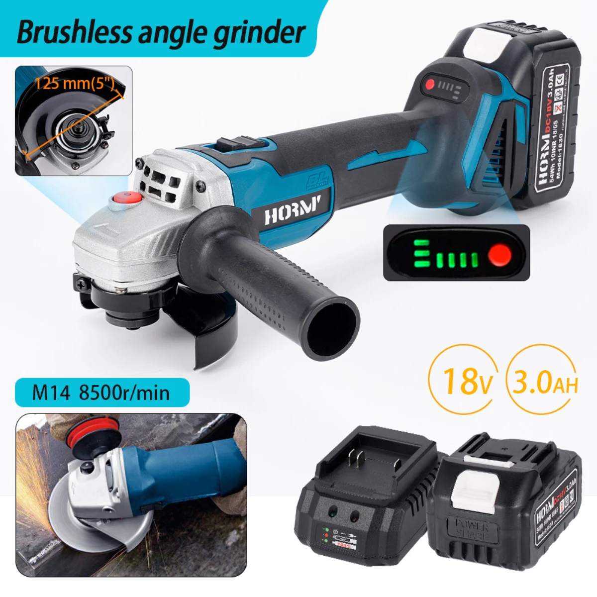 125 Type Electric Angle Grinder Brushless Motor Electric Polishing Grinding Machine Handheld Lithium Cutter Cutting Power Tool