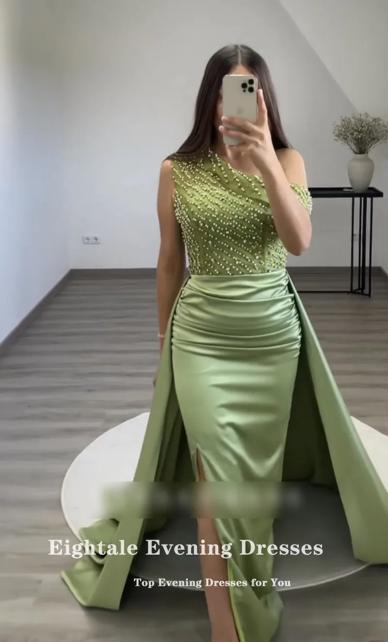 Eightale Olive Green Prom Dresses for Wedding Satin One Shoulder Beaded Evening Gown Dubai Side Slit Party Dress robes de soirée