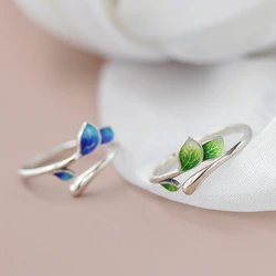 Authentic 925 Sterling Silver Rings Retro Style Enamel Branches and Leaves Opening Adjustable Ring Trendy Women Jewelry Gift
