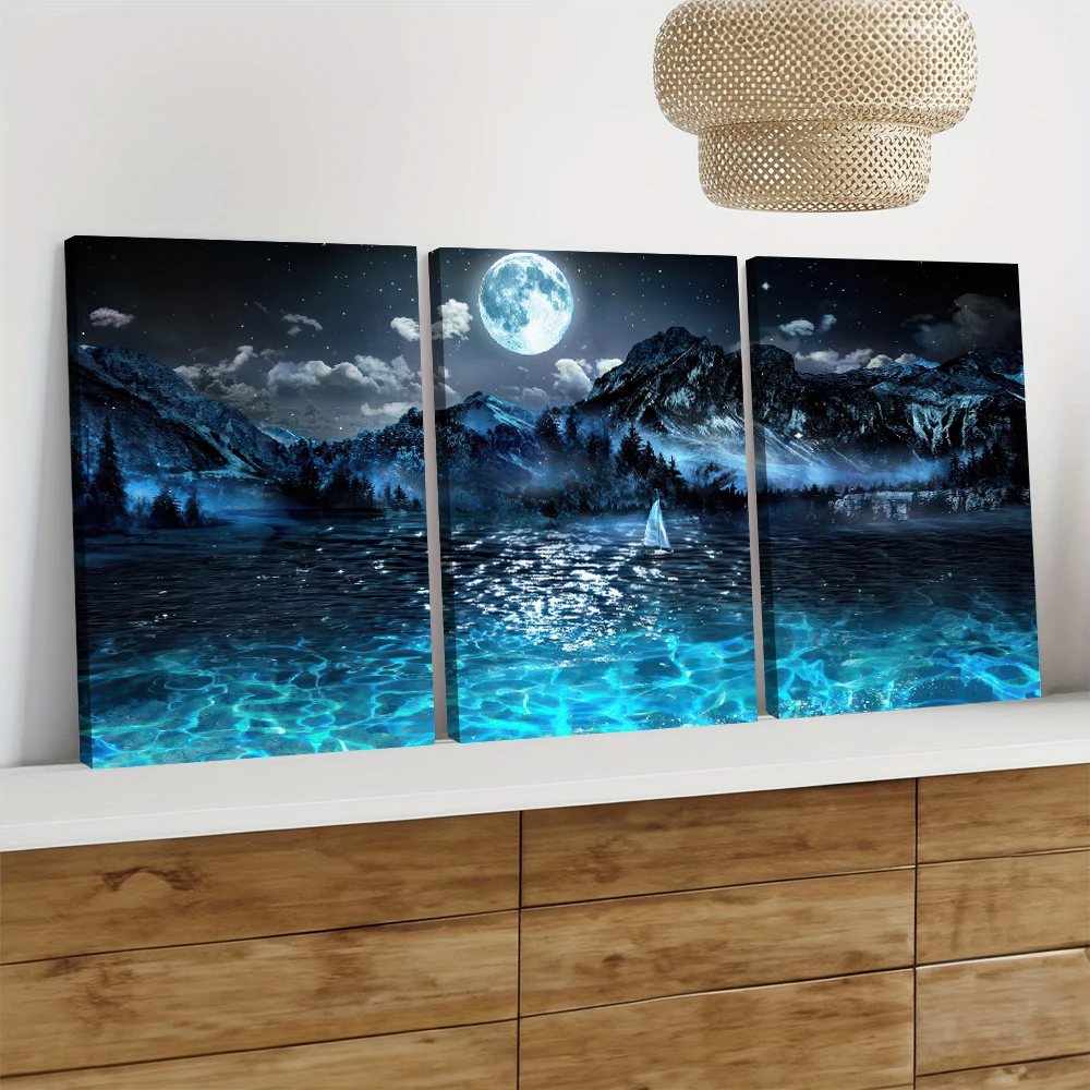 3 Pieces of Dreamy Starry Sky Landscape Canvas Decorative Paintings, Modern Minimalist Living Room, Bedroom Entrance Background