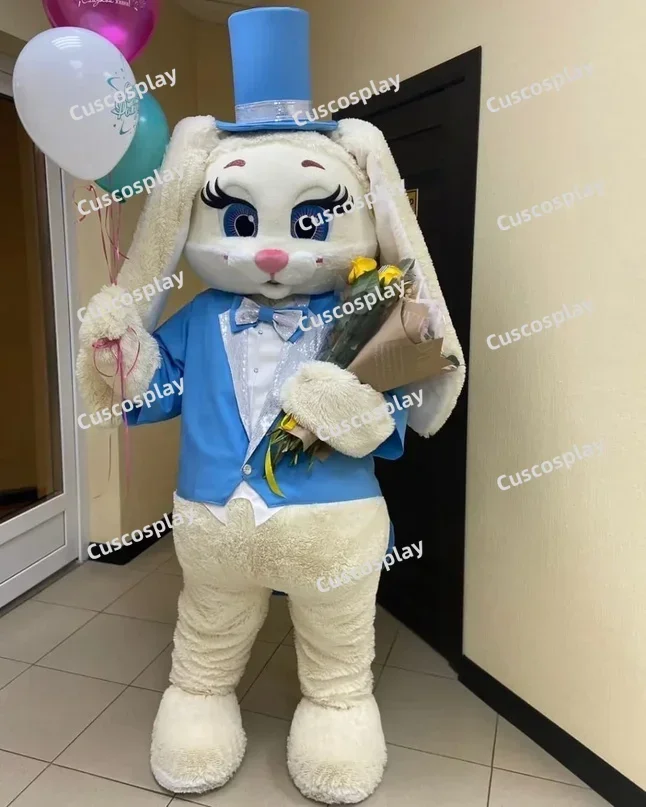 

Halloween Christmas Cute Hare Rabbit with Blue Suit Mascotte Fancy Cartoon Mascot Costume Plush Fancy Dress Mascot Costume