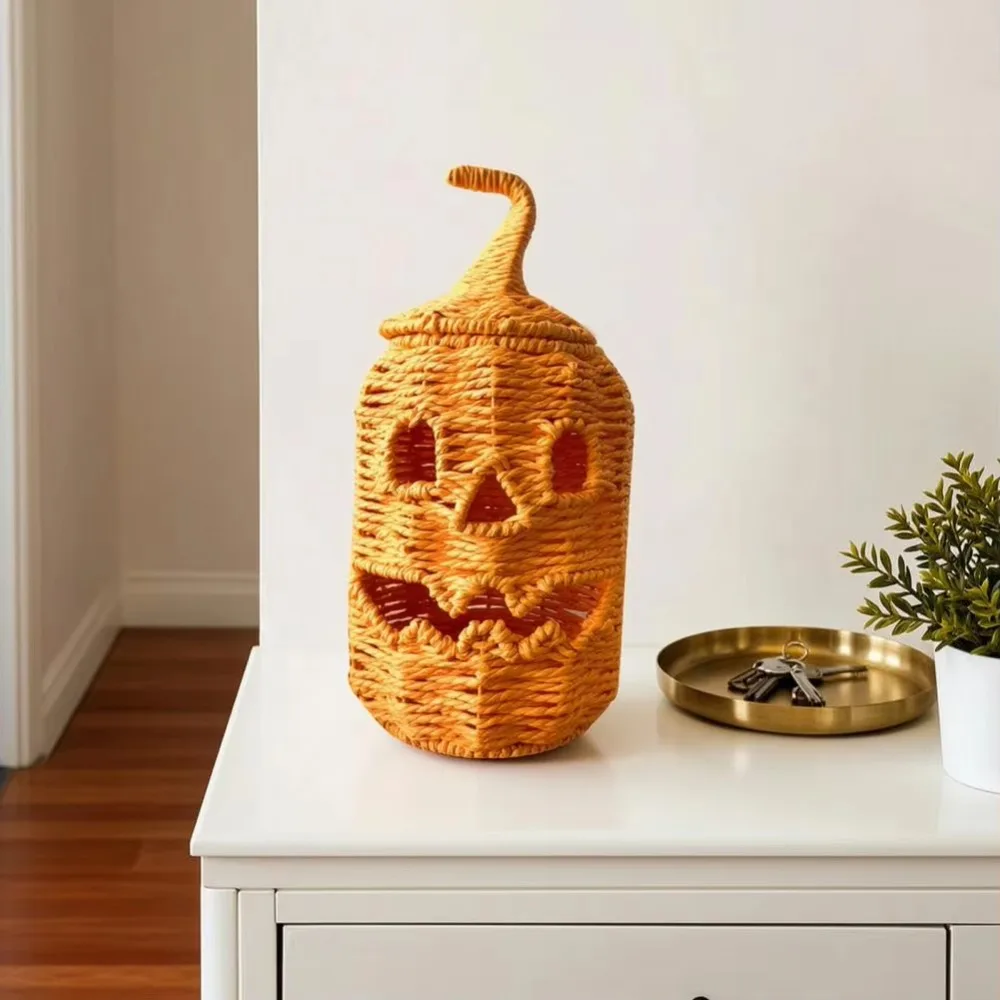 Handcrafted Halloween Woven Pumpkin Rustic-style with Removable Lid Pumpkin Candy Storage Basket Plastic Pumpkin Storage Box