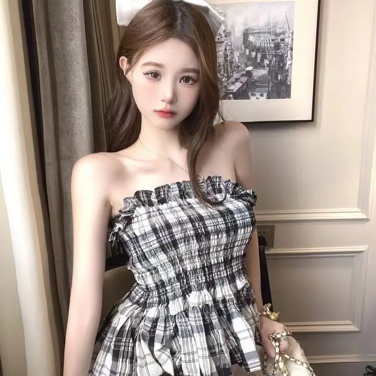 

​​Women's Lattice Gingham Strapless Crop Top Ruffled Smocked Waist Summer Y2K Retro Designer Twist Linen-Lite Shirt​​