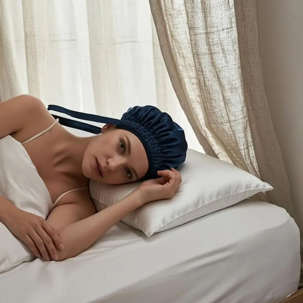 Women Sleeping Hair Bonnet with Tie Band Night Sleep Cap Adjustable Silk Satin Bonnet Wrap for Braids Long Curly Hair