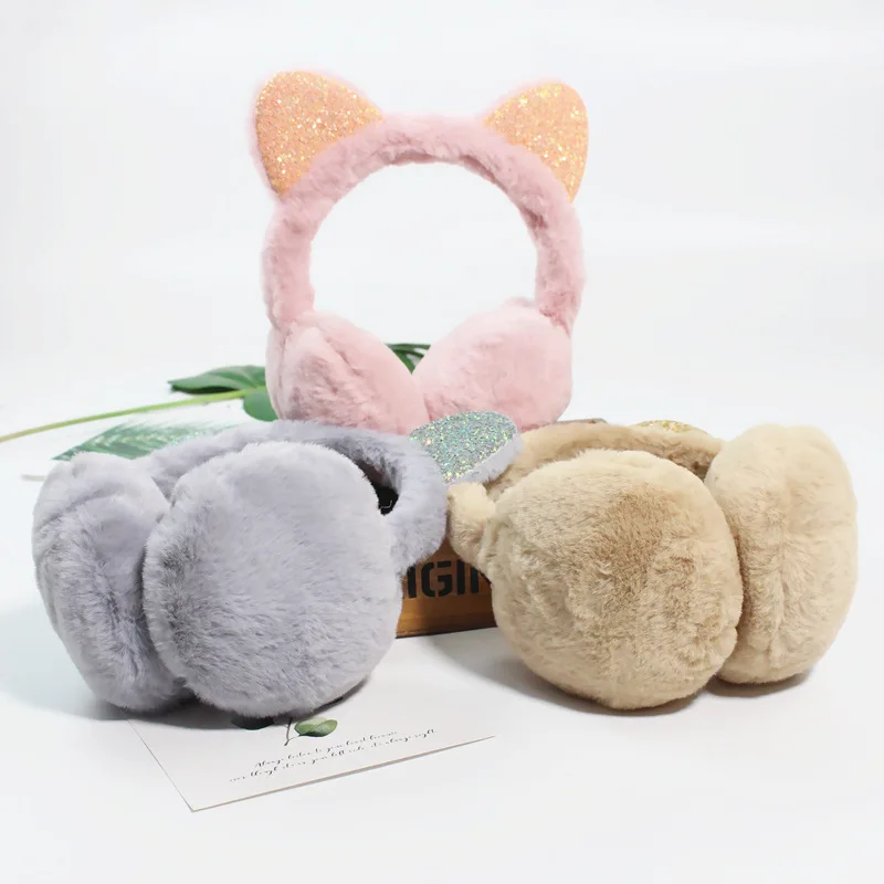 Cartoon Cat Ear Earmuffs Keep Warm Defend Cold Ear Muffs Glitter Plush Earmuffs Playful Girls Ear Muffs Winter Accessories Women