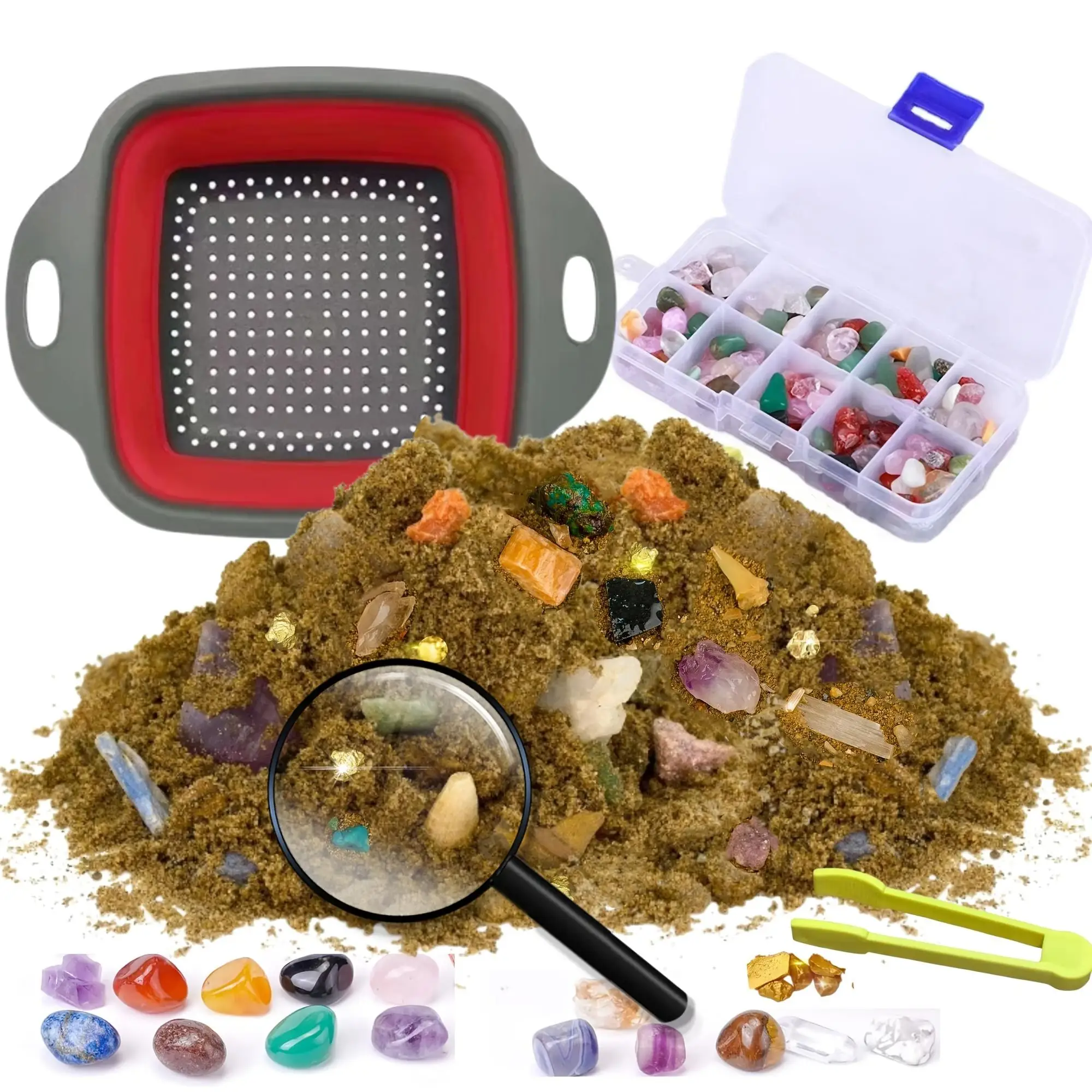 Kit de minería de arena y grava de 150 g, incluye diversas gemas de cristal naturales, juguete para la exploración de rocas y la búsqueda de tesoros, regalo para Pascua o el Día de San Patricio, adecuado para niños y entusiastas de los minerales, colección de cristales, educación científica, juguete para niños, regalo para manualidades.
