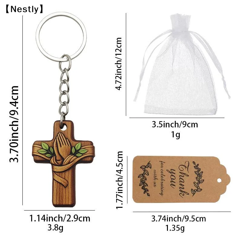 1/3pcs/1set Religious Wood Cross Keychain Favor Bulk Dove Print Organza Bags Tags Baptism Church Wedding Mini Guest〔Nest〕