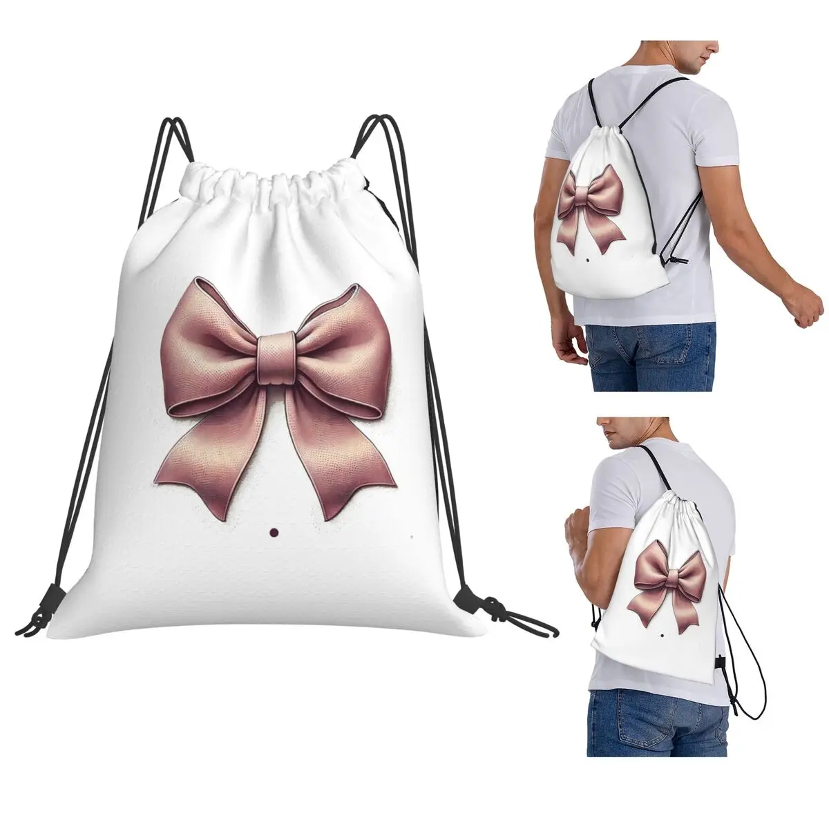 

Tiny Pink Bow Backpacks Fashion Drawstring Bags Sports Bag Book Bags for Man Woman School