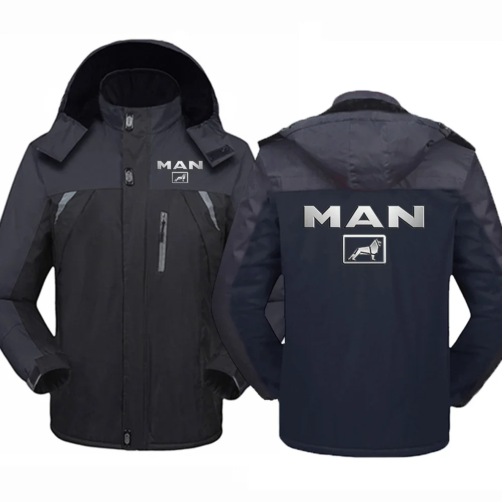 2024 MAN Truck Logo Print Autumn Winter Men's Outdoor Fashion Hooded Splicing Thickened Cold Prevention Mountaineering Clothing