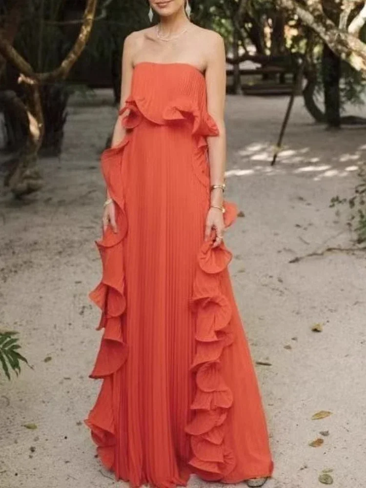 Summer Trendy Women Holiday Dress Orange Pleated Chiffon Long Formal Dresses Custom Made Ruffled Strapless Beach Party Dress - view 4