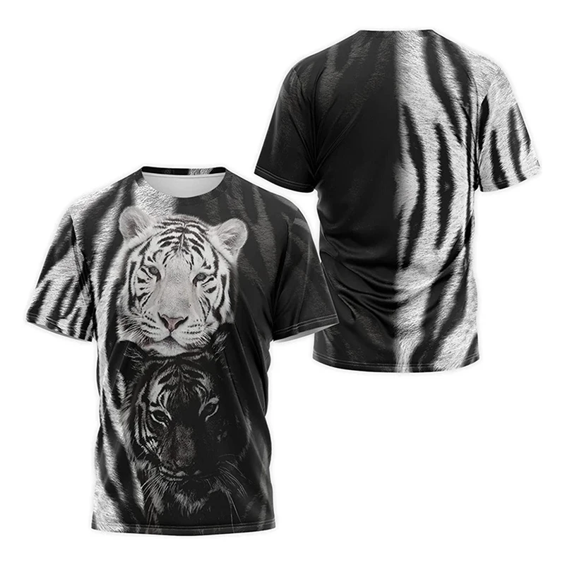 Black And White Animal T-shirt For Men's Clothing Funny Cat Tiger Print Short Sleeve T Shirts Leisure Fashion Cute Animal Tee