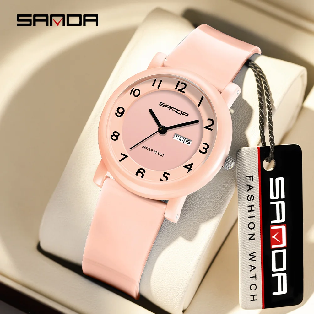 SANDA 3255 waterproof quartz watch for children and students dual calendar display simple and stylish student watch 2024