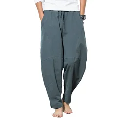 Hot Sale Men Imitation Linen Harem Pants Mens HipHop Loose Trousers Male Wide Legs Cross-pants Male Joggers Black Pants 5XL