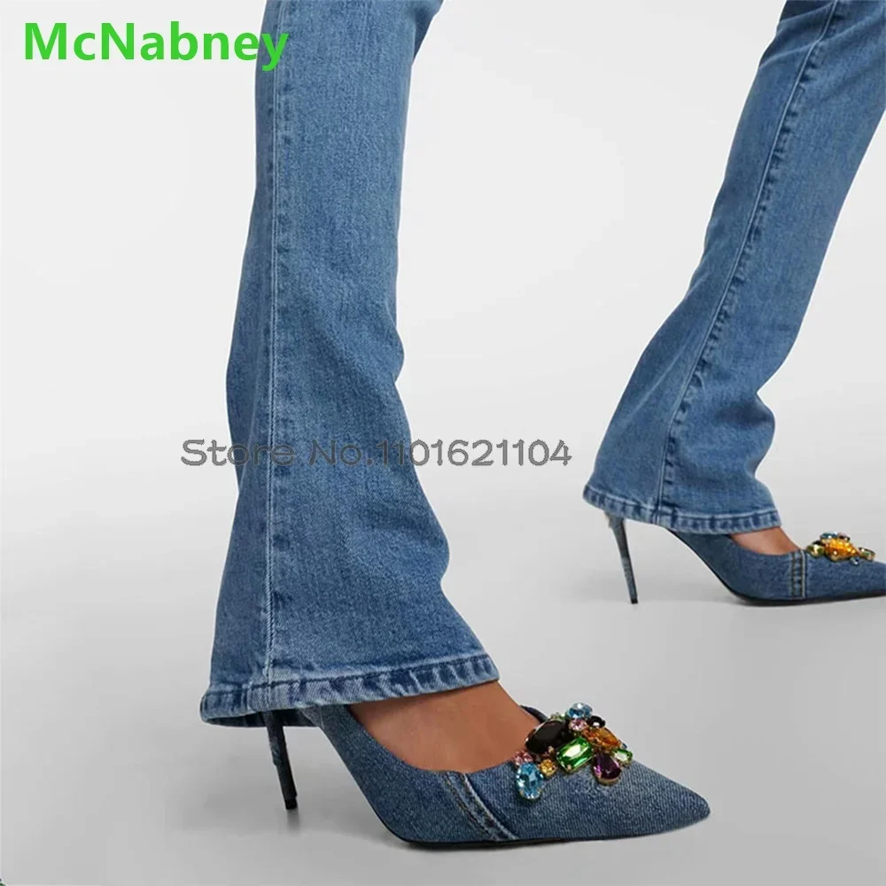 

Denim Fabric Colorful Rhinestone Luxury Pumps Pointed Toe Thin High Heel 2024 New Slip-on All-match Shoes For Female Women