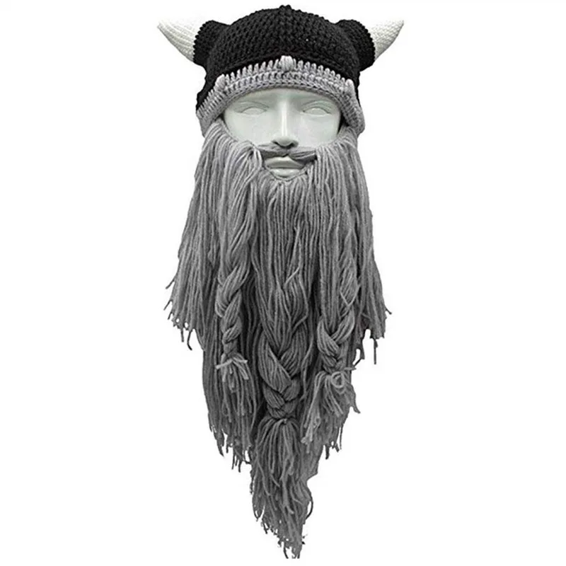 New Original Barbarian Knitted Beard Hat Wig Hat Viking Horn Tramp Funny Knitted Hat Beard Mask