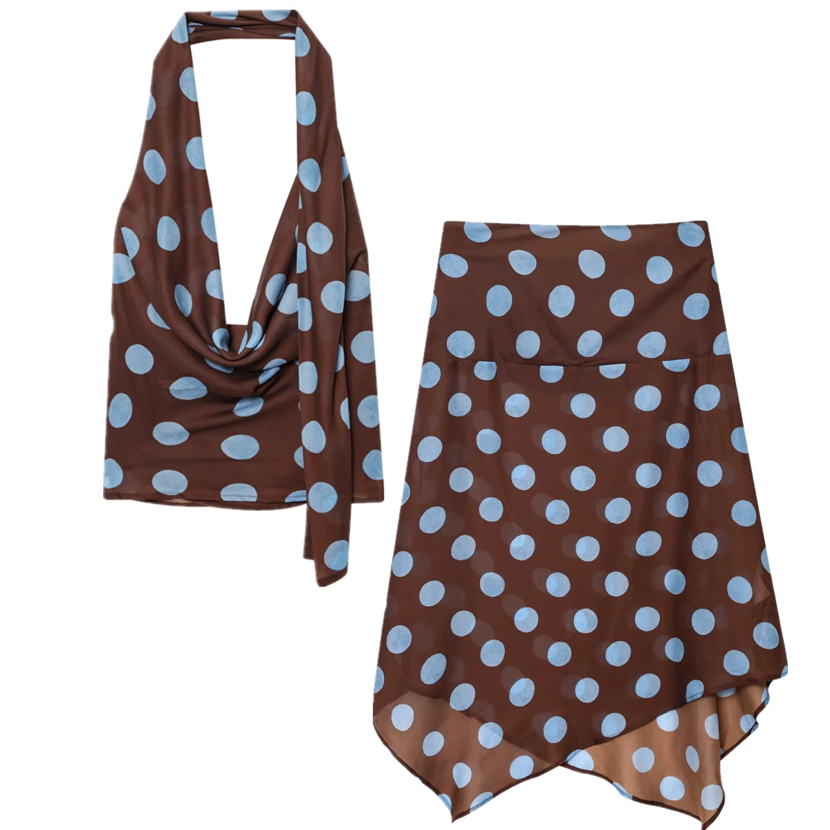 

Maxdutti French Vintage Tulle Polka Dot Halter Neck Top Shirt Women Asymmetrical Sexy Skirt Sets Women