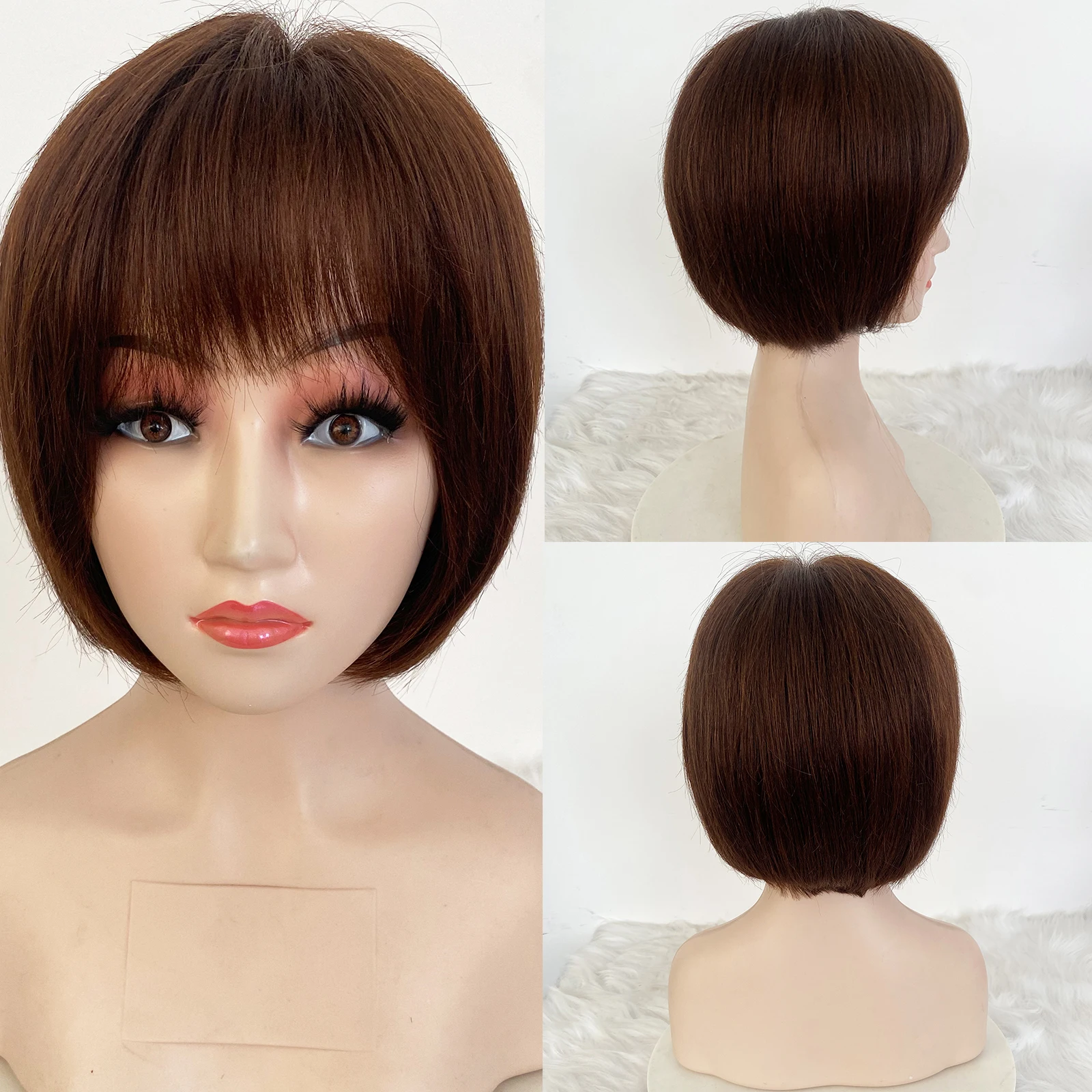 

Полный кружевной парик из человеческих волос, короткая стрижка пикси, темно-коричневый с воздушной челкой, завязанная вручную шелковая корона с бахромой, парик для женщин