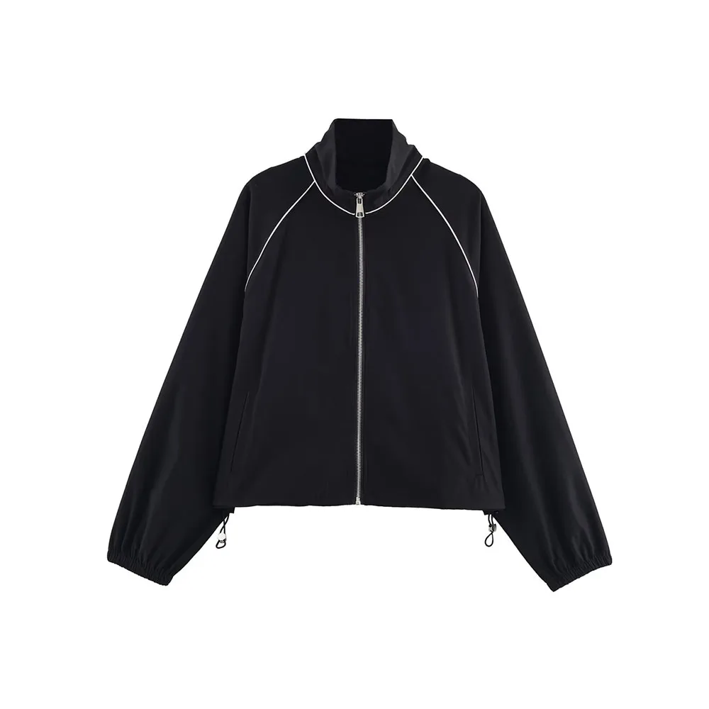 

Винтажные повседневные шикарные черные однотонные женские куртки с круглым вырезом на молнии и длинными рукавами, короткие пальто, модные осенние праздничные куртки