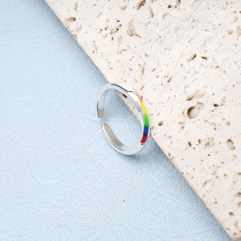 Silver Color Rainbow Enamel Open Ring Adjustable Colorful Finger Ring Minimalist Unisex Band Ring Trendy Pride Jewelry Gift for