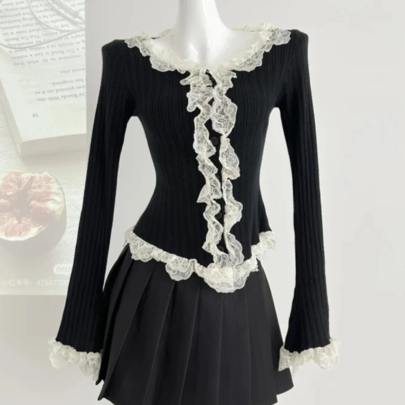 Suéter con volantes para mujer, manga larga, corte entallado, Top de punto acanalado, jersey para mujer, coqueta Fairycore Y2K Gyaru Shoujo, traje para niña