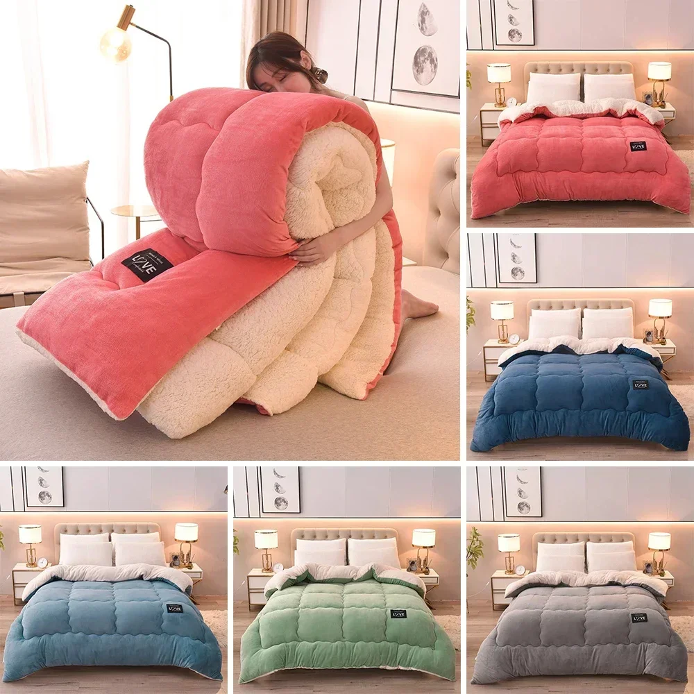 150/180/200cm Milk Cashmere Lamb Wool Winter Quilt Soft Extra Large Blanket Thickened Warm Double-Sided Velvet Quilt Comforter