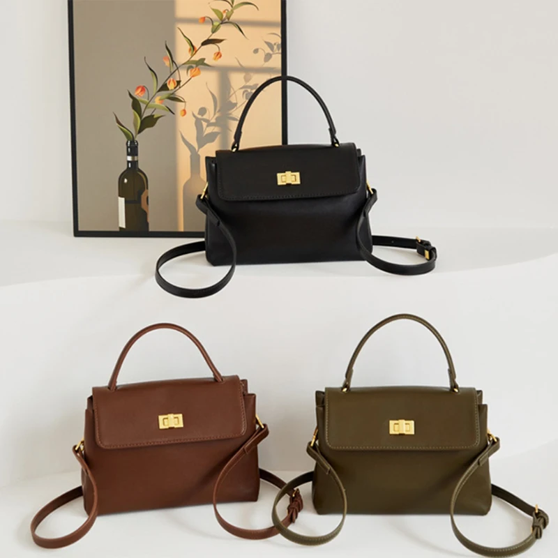 Cowhide Genuine Leather Tote Bag For Women Long Shoulder Strap   High Quality Leather Gold Lock Handbag Versatile Crossbody Bags