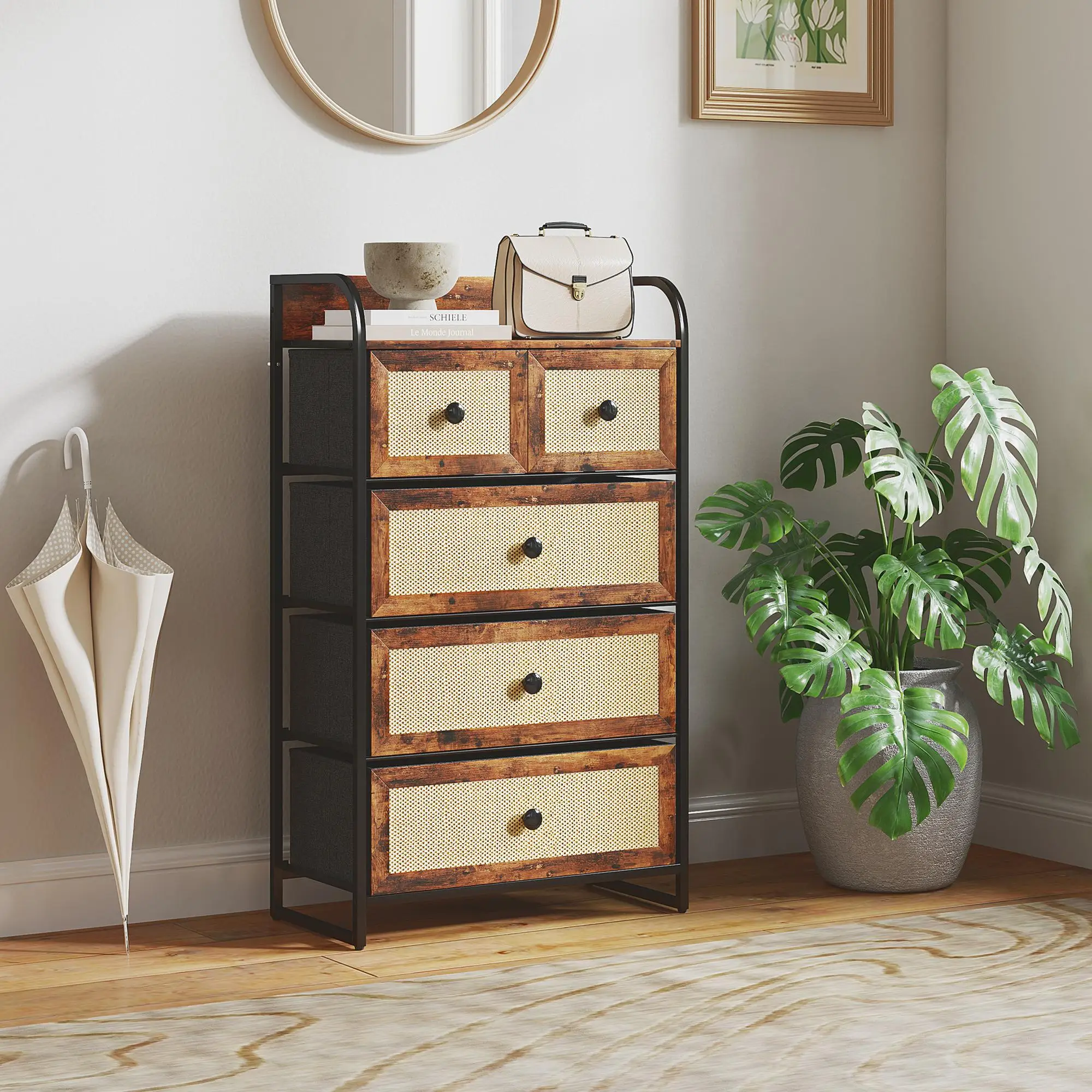 Commode pour chambre à coucher 58x29x99 cm avec 5 poignées en rotin synthétique et en bois Table Brown Rose
