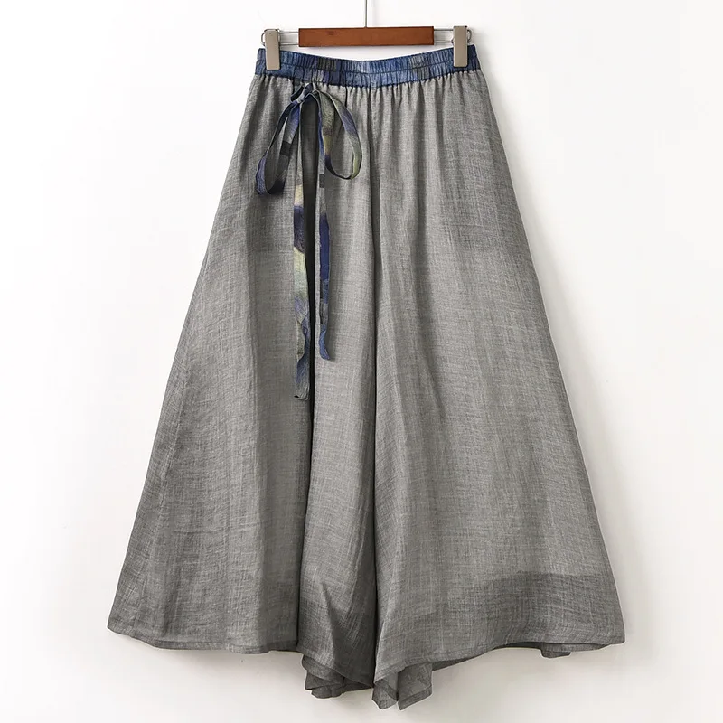 Cotton and Linen Women's Clothing 2023 Spring Summer New Drop Contrast Ramie High Waisted Vintage Wide Leg Cropped Skirt Pants