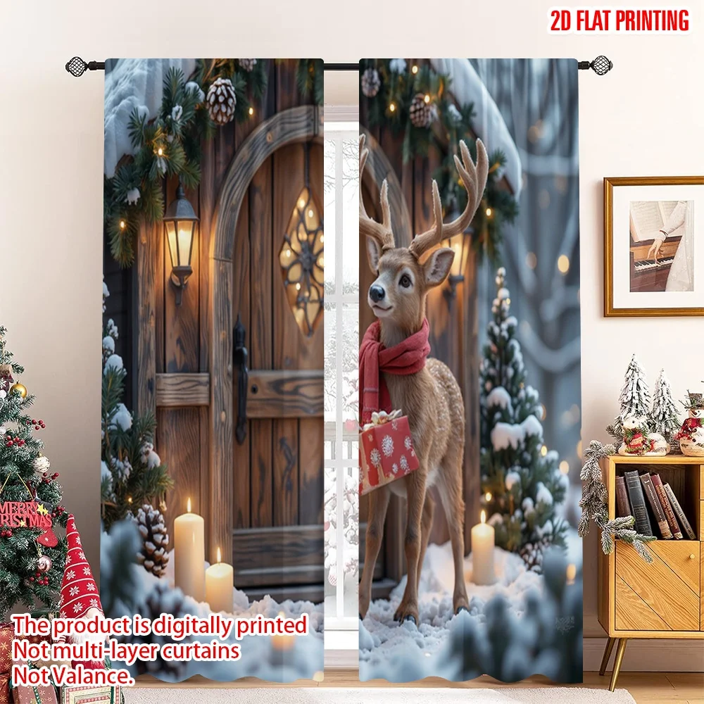 

2pcs 2D flat printing Merry Christmas Popular Window Curtains Winter Deer Gift Snow Polyester Fabric Without Electricity Family