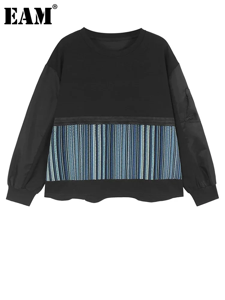 

[EAM] Black Striped Color-block Sweatshirt New Round Neck Long Sleeve Women Big Size Fashion Tide Spring Autumn 2023 1DH6791