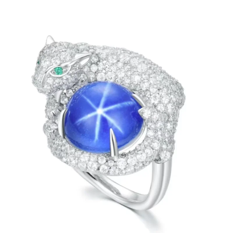 

BELLUX Fine Jewelry 925 Silver Gold Plated Synthetic CZ Blue Star Sapphire Leopard Design Necklace Earrings Ring Fashion Jewelry