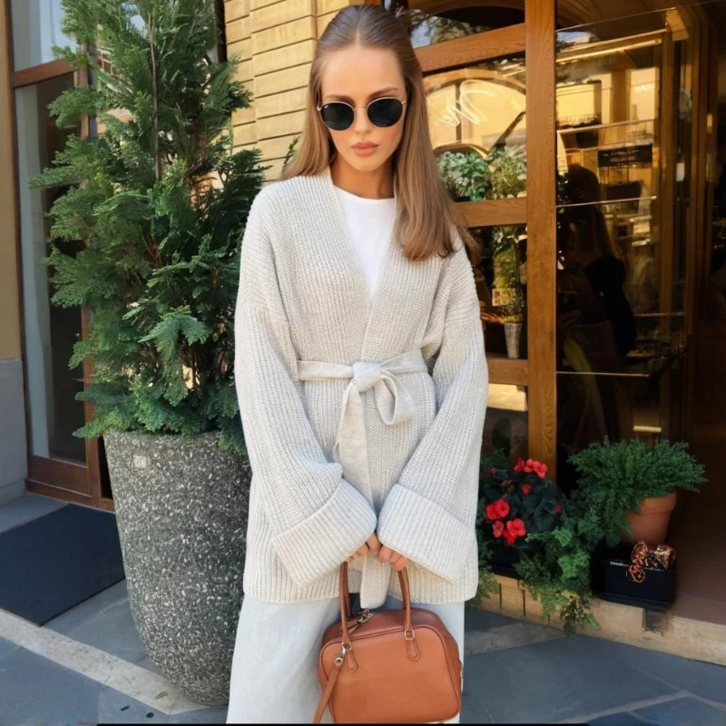 

TARUXY повседневное трикотажное пальто-кардиган на шнуровке женское модное свободное однотонное элегантное вязаное пальто с длинными рукавами осень-зима женское