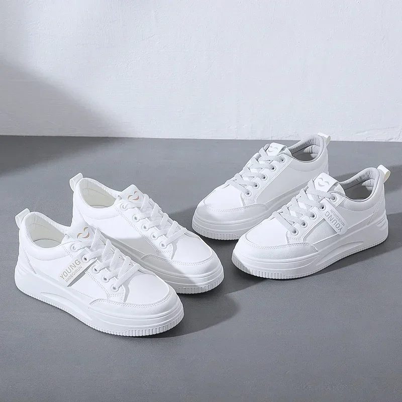 Flat Casual White Shoes for Women Casual Sports Board Shoes for Spring and Autumn New Outdoor Thick Soled Walking Leather Shoes