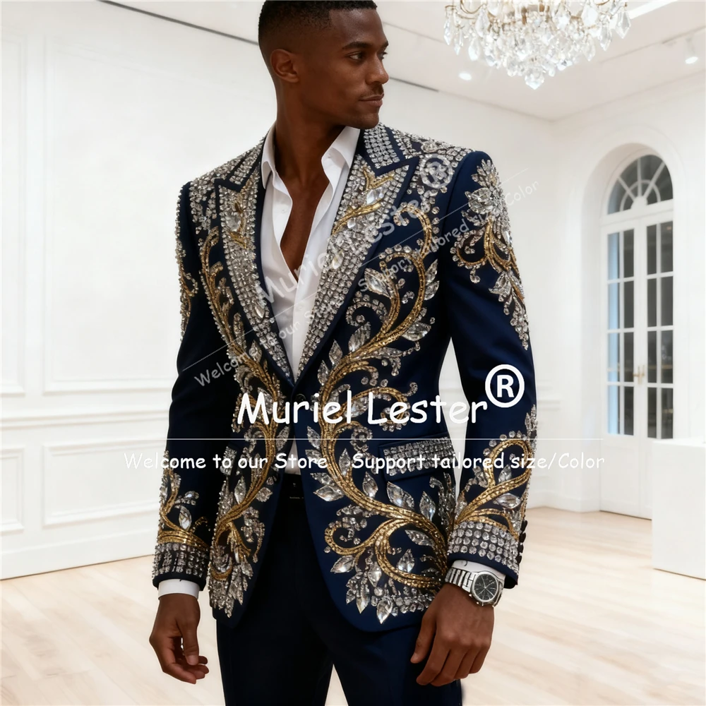 Traje de piedras con cuentas de diamantes para hombre, conjuntos de 2 piezas, chaqueta de graduación con solapa en pico, traje personalizado para hombre, esmoquin Formal para fiesta y novio de lujo
