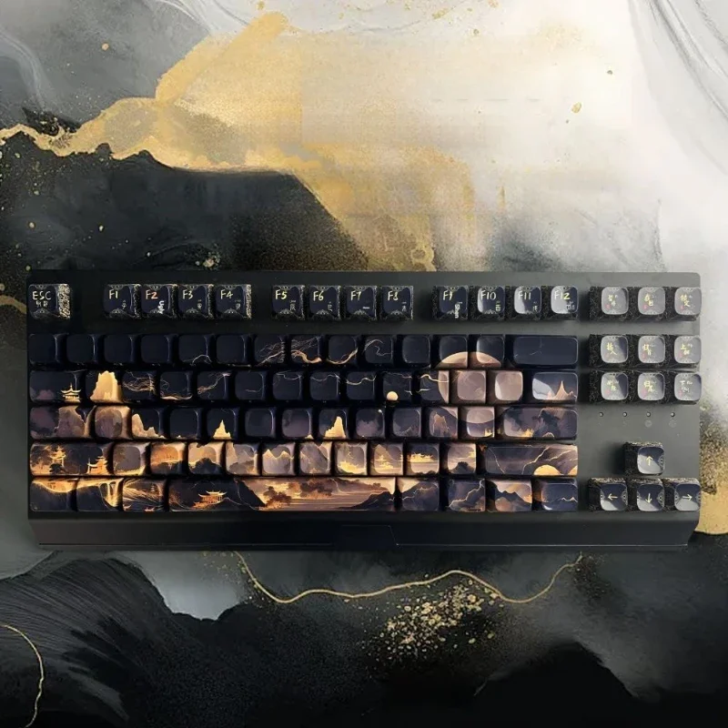 أغطية مفاتيح سوداء مذهبة 124 مفتاحًا PPT Wooting أغطية مفاتيح مخصصة من السيراميك معكوسة من الجانب محفورة لوحات المفاتيح الميكانيكية غير الشفافة أغطية المفاتيح هدية #3