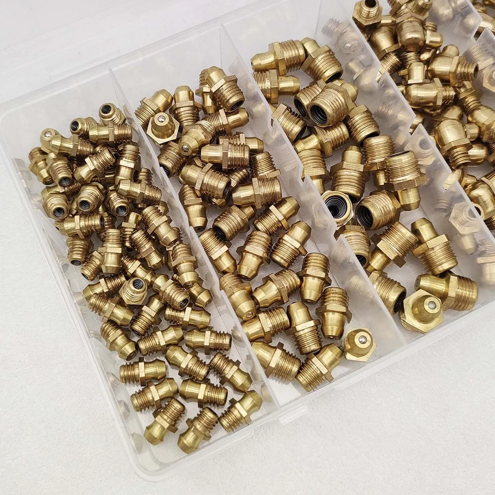 Brass Grease Fitting Set 150pcs Transparent Compartment Box Straight and 90 Degree Elbow for Easy Identification