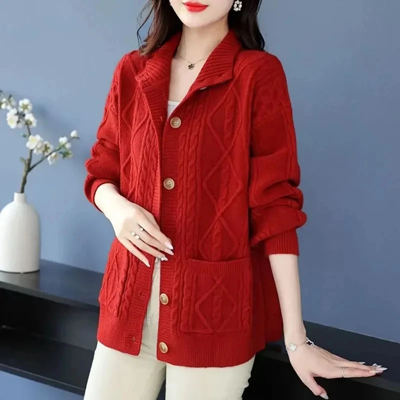 2024Spring Autumnr New Cardigan Sweater Jacket Women  Loose Half-high collar Single-Breasted Knitted Sweater Casual Coat Female