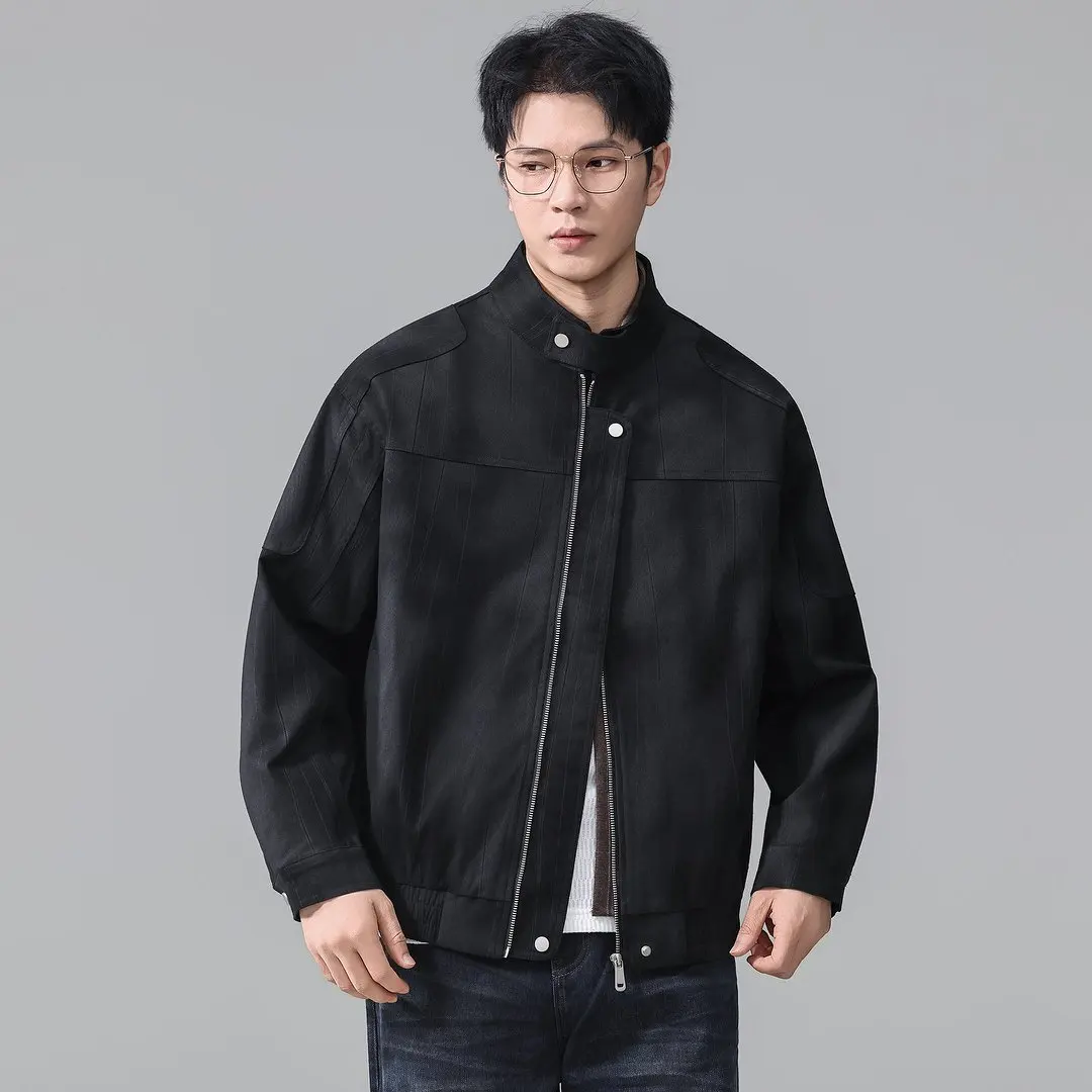 Men Vintage Fashion Stand Collar Business Casual Loose Cargo Jacket Korean Streetwear Spring Autumn Commute Jackets Coat Tops