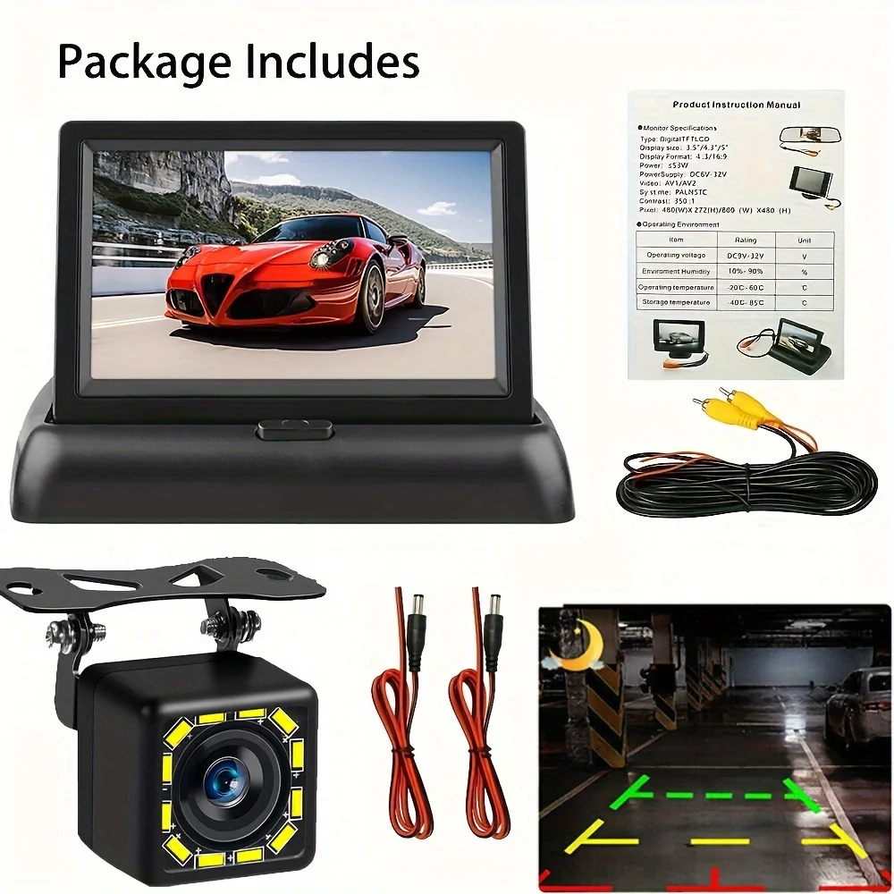 

4.3"" Foldable TFT LCD Screen, Night Vision Car Backup Camera, Energy Efficient, Line-In Auxiliary Input"