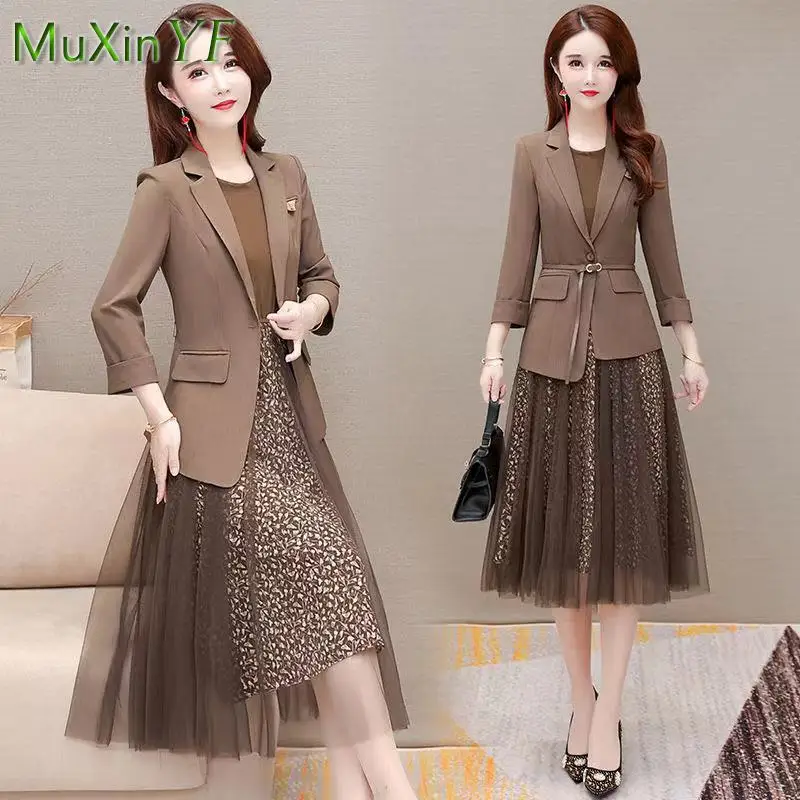 2022 Spring Autumn New Suit Jacket Dress Two-piece Women\'s Elegant Mesh Skirt Blazers Coat Set Korean Fashion Professional Wear