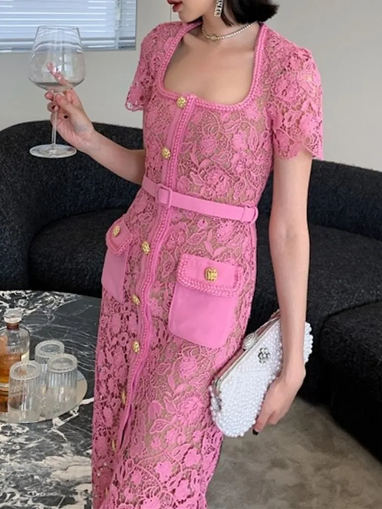 SMTHMA French Vintage Pink Lace Square Neck Gold Button Lace Hollow Out Dress For Women Small Fragrance Summer Dress Vestidos